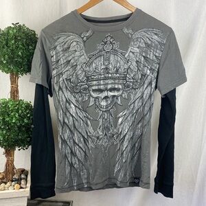 Sinister Gray & Black Long Sleeve Graphic Skull Print Tee T Shirt S